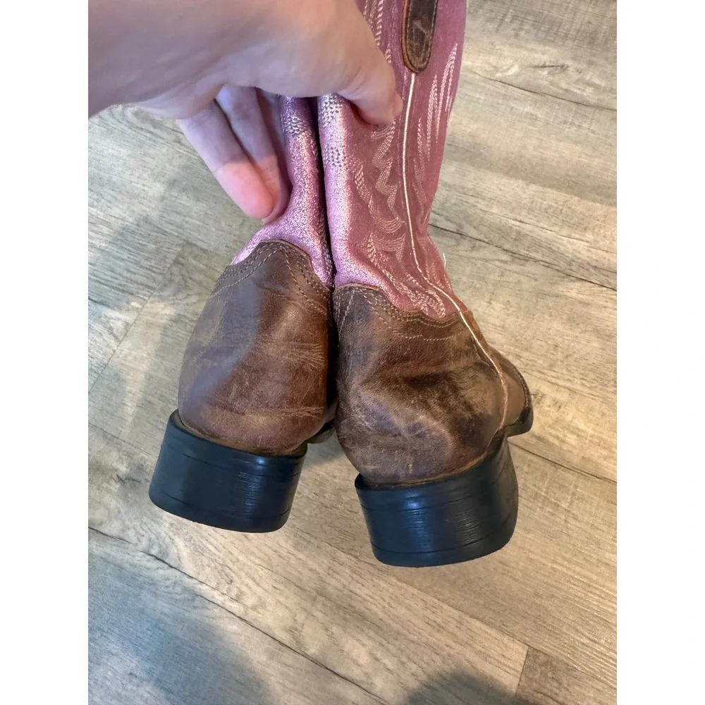 Shyanne Girls Brown Leather Metallic Pink Western Cowgirl Boots Square Toe 4.0D